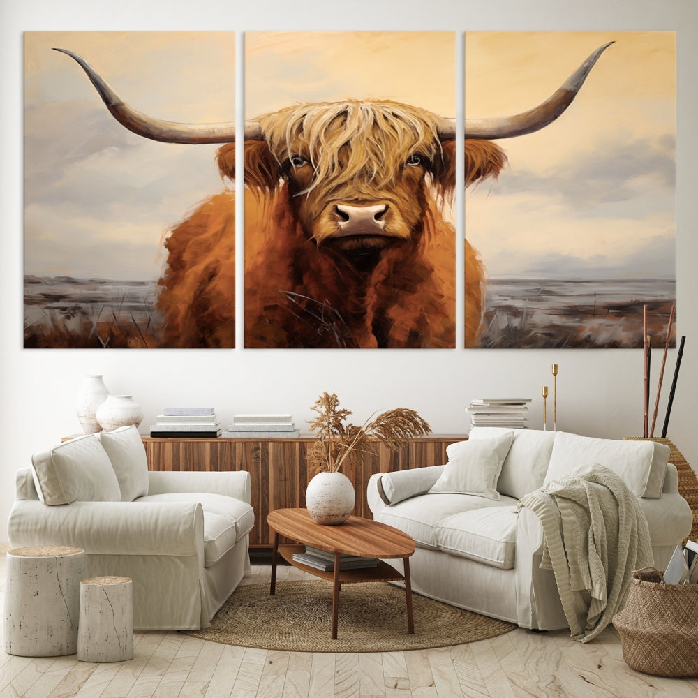 The Highland Cow Wall Art Canvas Print - Rustic Modern Decor, features a framed large panel showcasing a shaggy-haired cow with long horns, adding rustic charm to any space. Available in 3 or 5 pieces and ready to hang, it's perfect for the living room, office, or dining room.