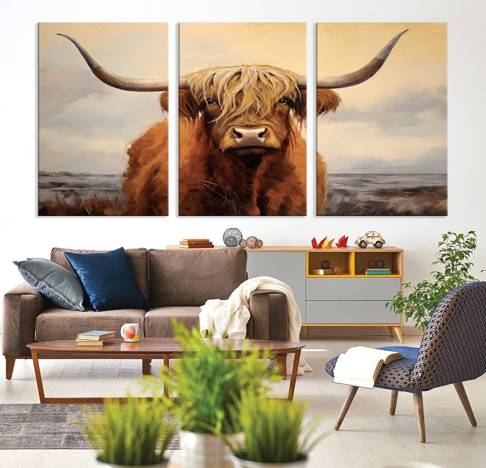 The Highland Cow Wall Art Canvas Print - Rustic Modern Decor, features a framed large panel showcasing a shaggy-haired cow with long horns, adding rustic charm to any space. Available in 3 or 5 pieces and ready to hang, it's perfect for the living room, office, or dining room.