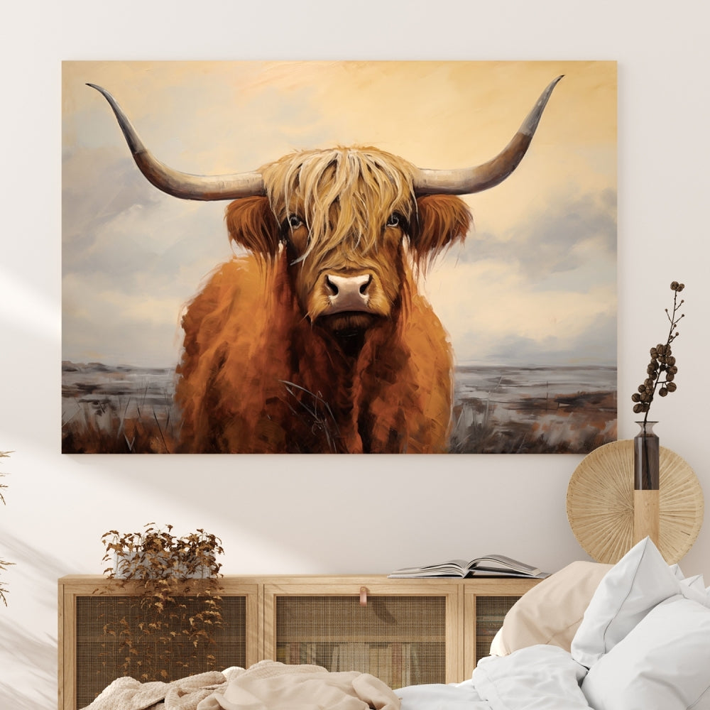 The Highland Cow Wall Art Canvas Print - Rustic Modern Decor, features a framed large panel showcasing a shaggy-haired cow with long horns, adding rustic charm to any space. Available in 3 or 5 pieces and ready to hang, it's perfect for the living room, office, or dining room.