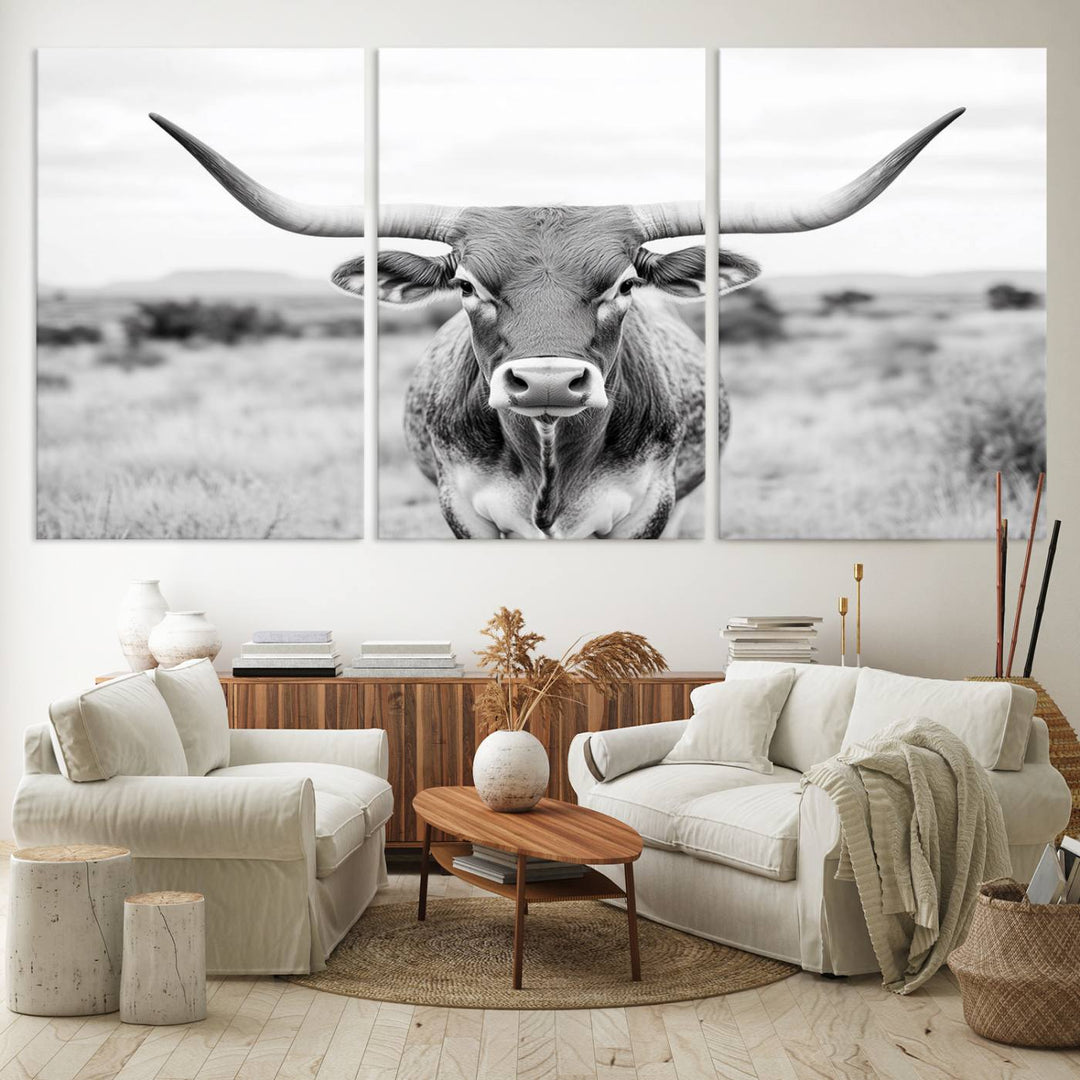 The Highland Cow Wall Art Print hangs prominently on the wall.