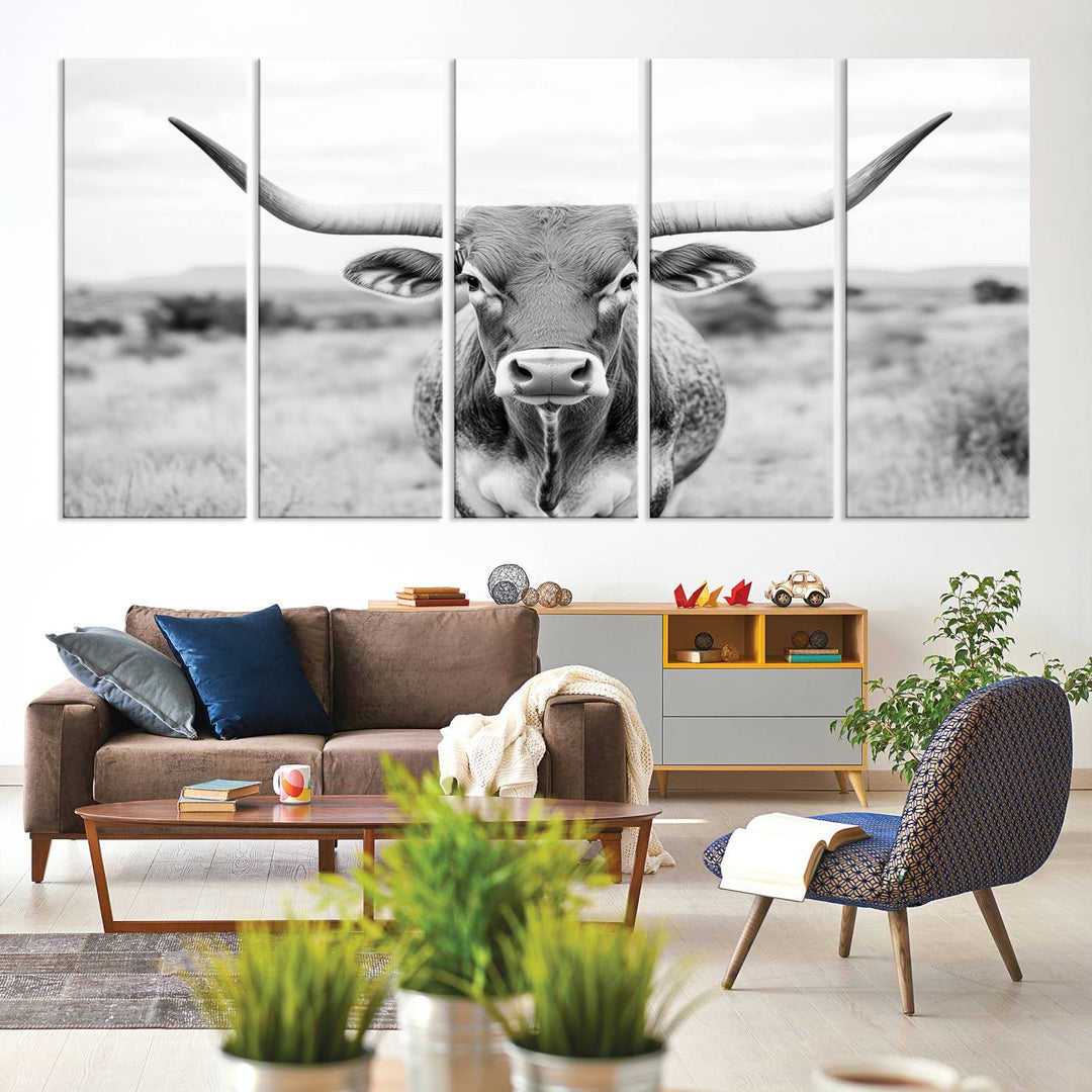 The Highland Cow Wall Art Print hangs prominently on the wall.