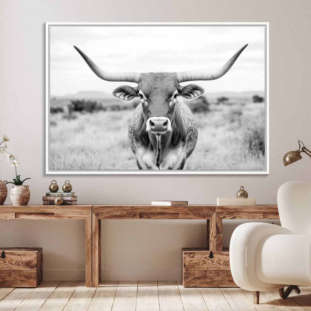 The Highland Cow Wall Art Print hangs prominently on the wall.