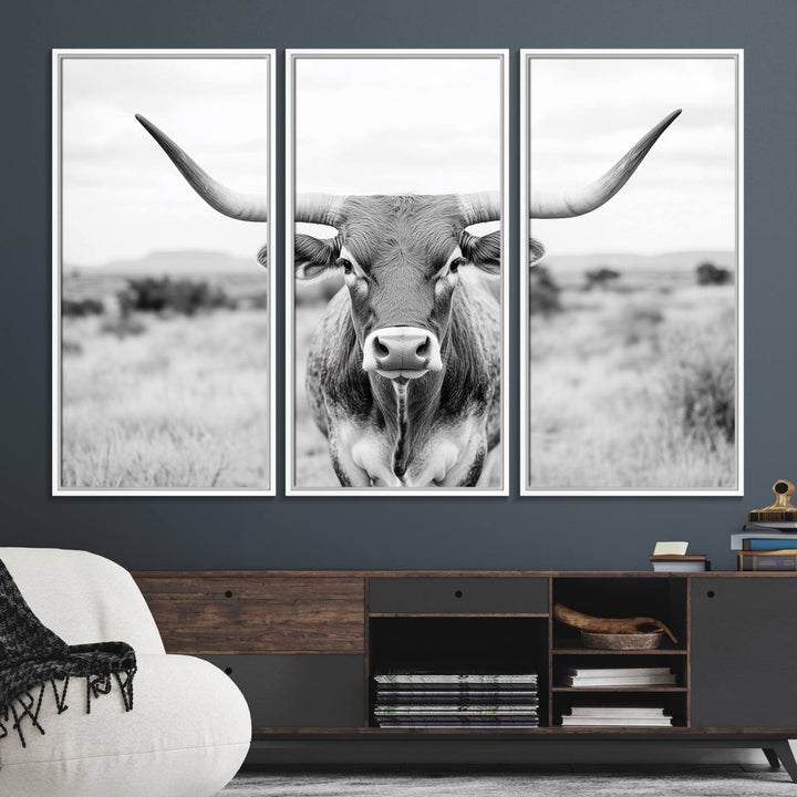 The Highland Cow Wall Art Print hangs prominently on the wall.