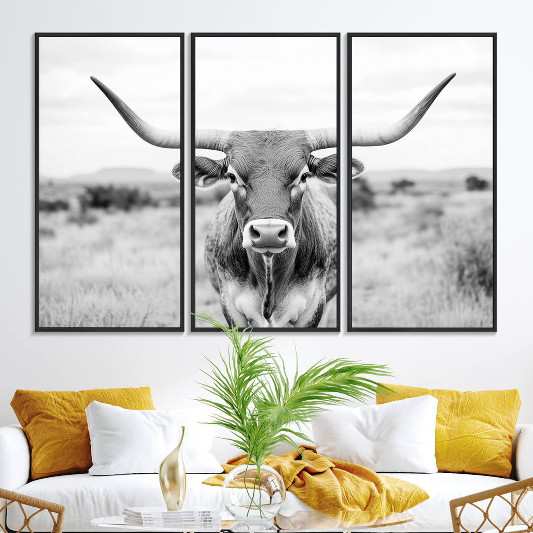 The Highland Cow Wall Art Print hangs prominently on the wall.