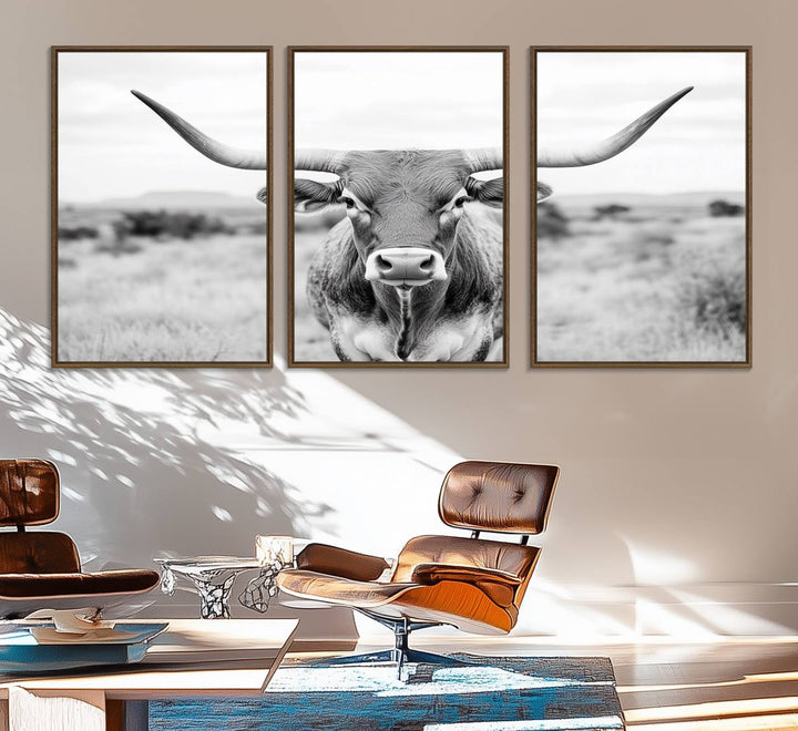 The Highland Cow Wall Art Print hangs prominently on the wall.