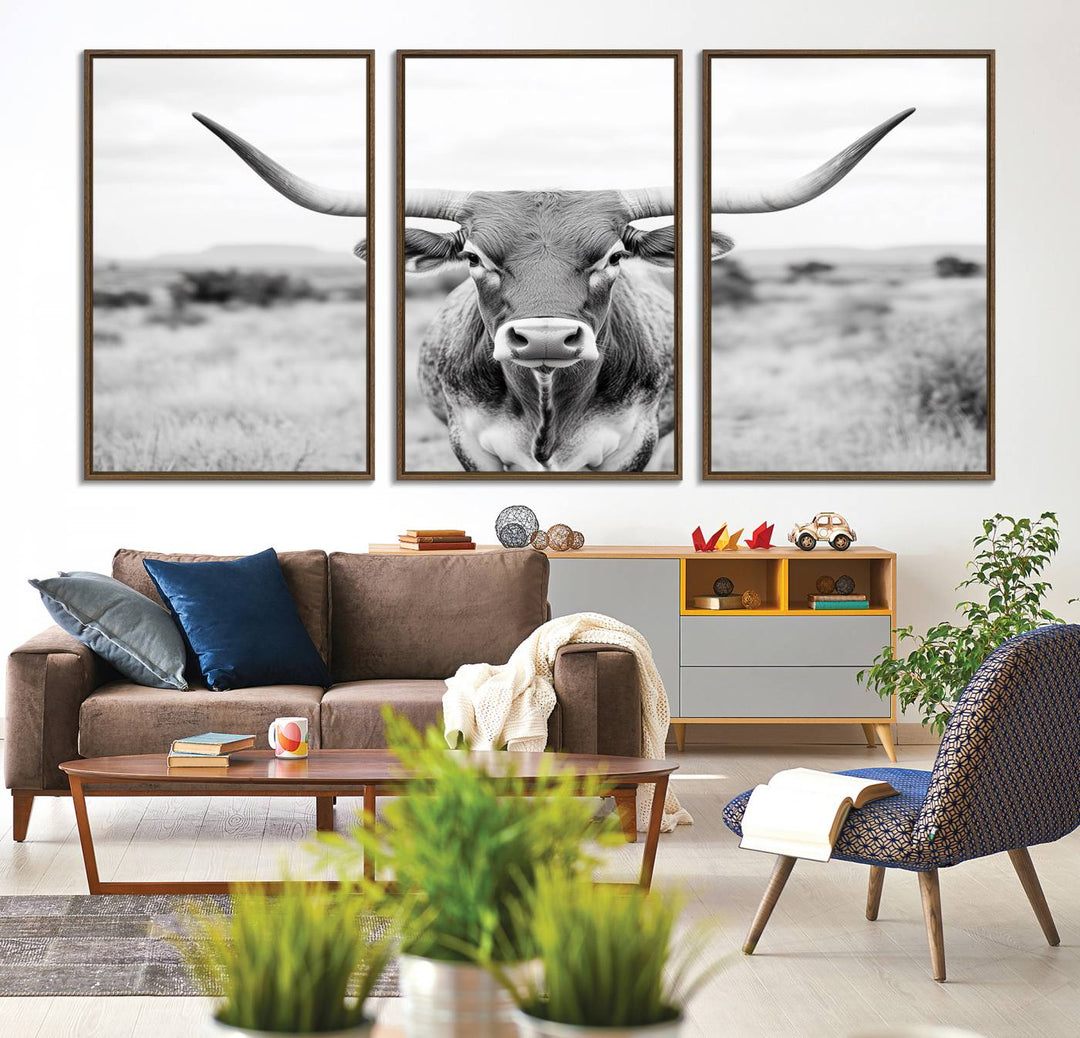 The Highland Cow Wall Art Print hangs prominently on the wall.