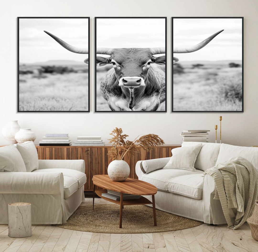 The Highland Cow Wall Art Print hangs prominently on the wall.