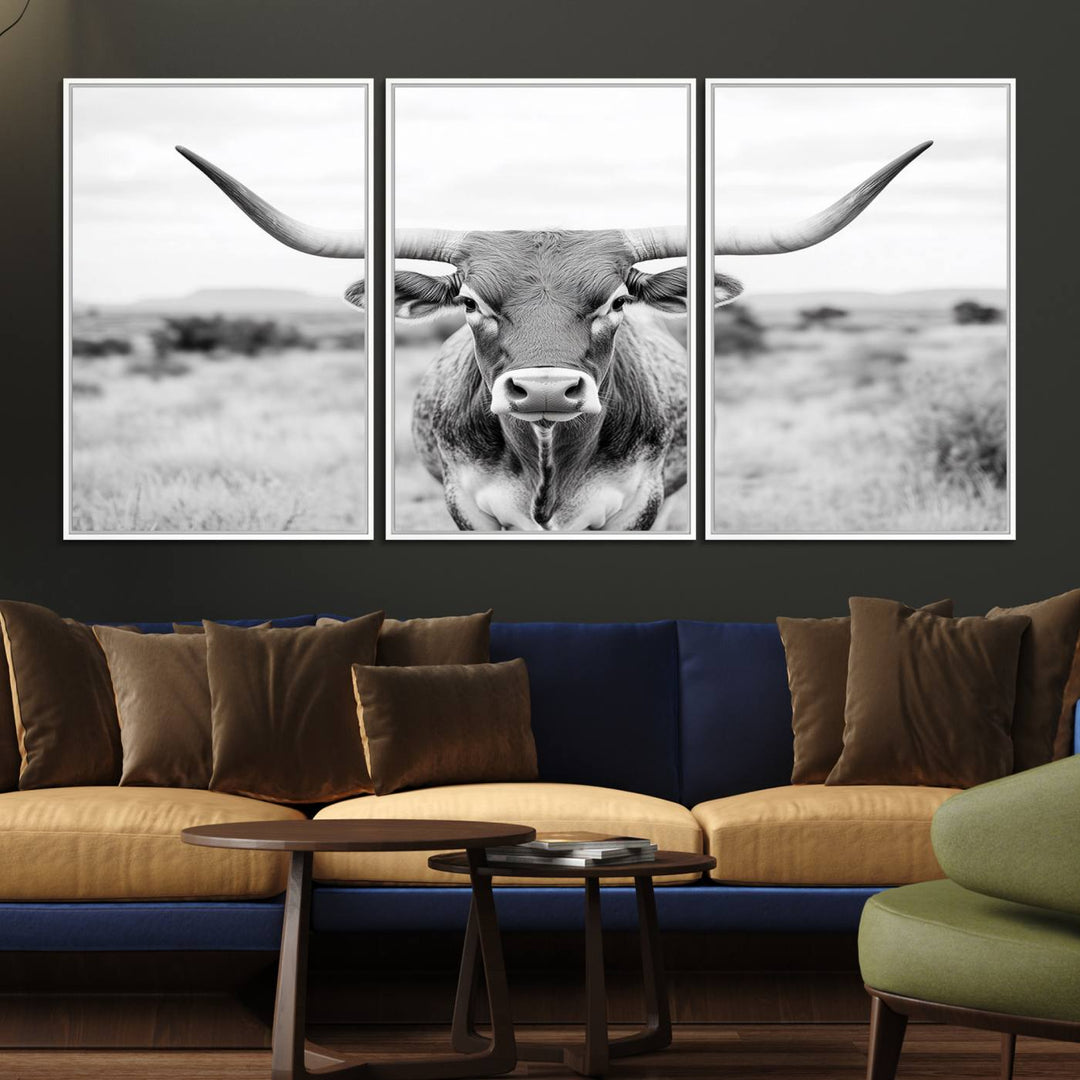 The Highland Cow Wall Art Print hangs prominently on the wall.