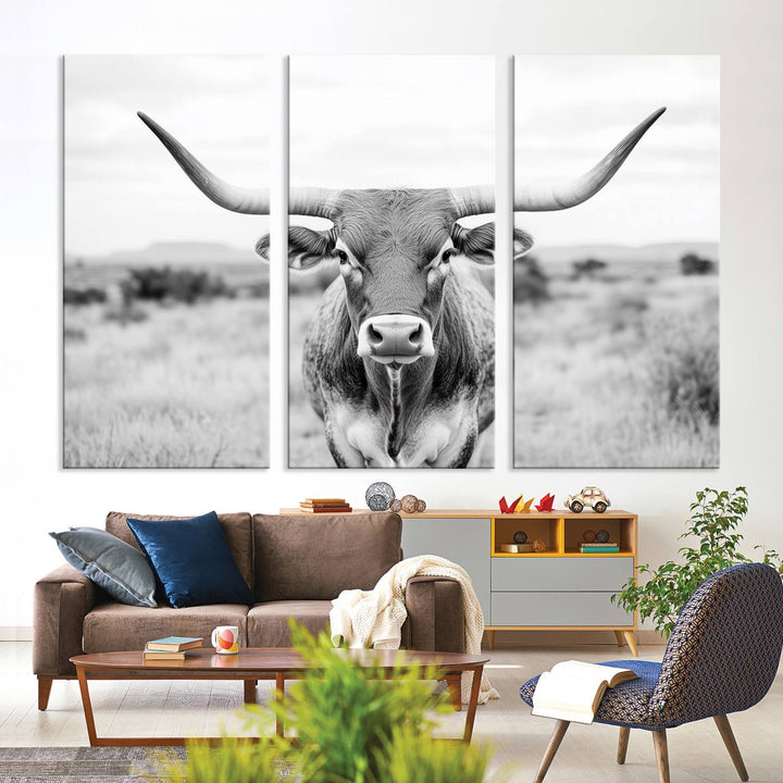 The Highland Cow Wall Art Print hangs prominently on the wall.