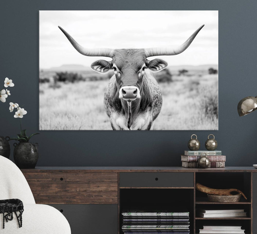 The Highland Cow Wall Art Print hangs prominently on the wall.