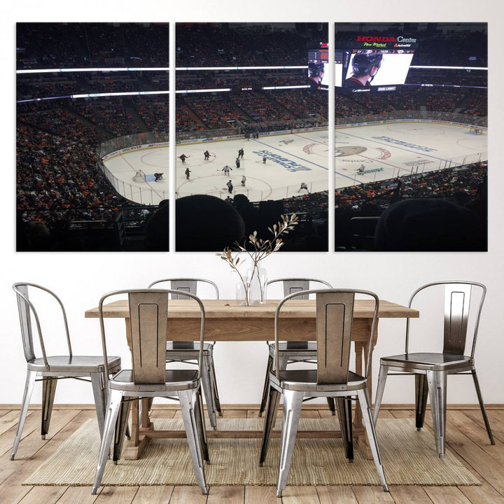 The Honda Center California Anaheim Ducks Hockey Stadium Wall Art Canvas Print is a triptych that captures a hockey game with crowded stands, making it a stunning piece of wall art with a gallery-quality finish.