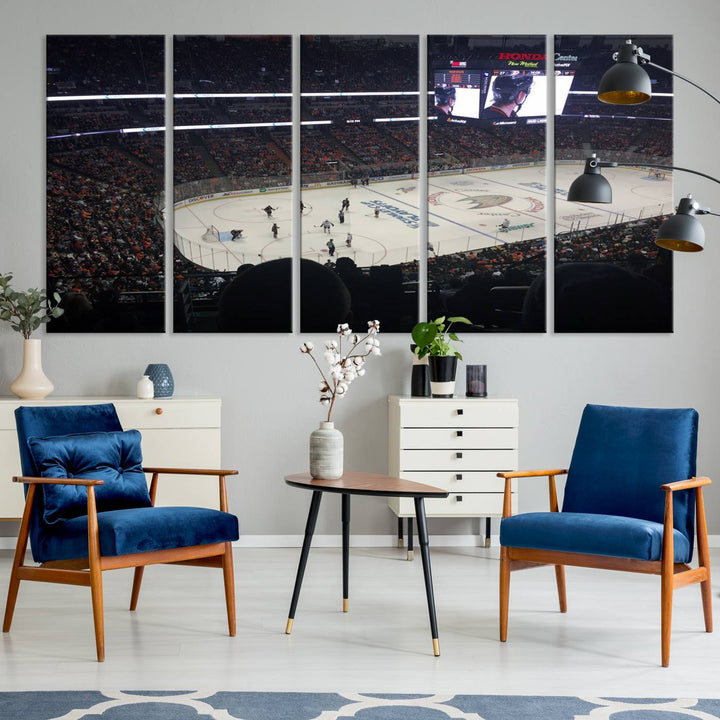 The Honda Center California Anaheim Ducks Hockey Stadium Wall Art Canvas Print is a triptych that captures a hockey game with crowded stands, making it a stunning piece of wall art with a gallery-quality finish.