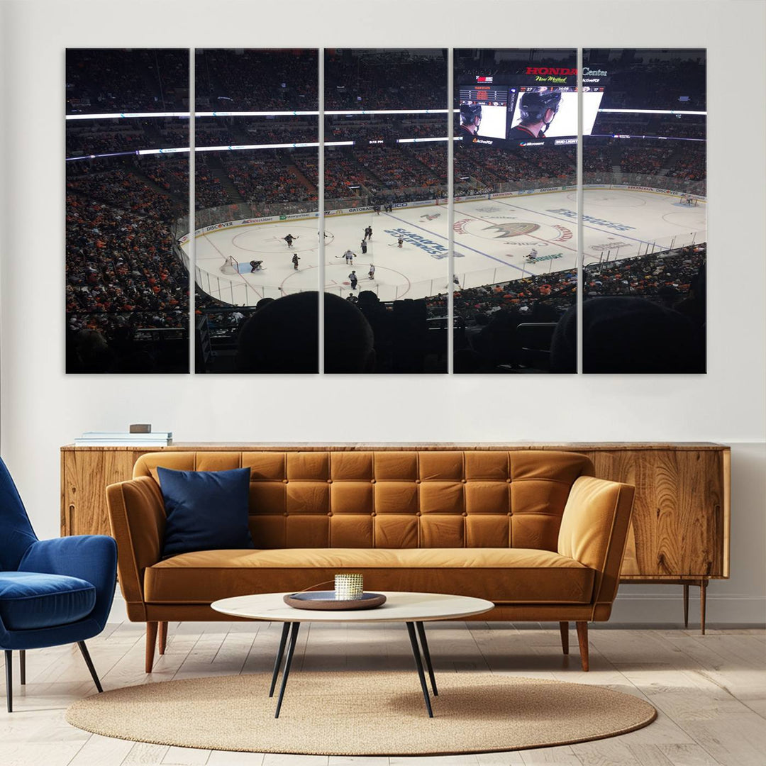 The Honda Center California Anaheim Ducks Hockey Stadium Wall Art Canvas Print is a triptych that captures a hockey game with crowded stands, making it a stunning piece of wall art with a gallery-quality finish.