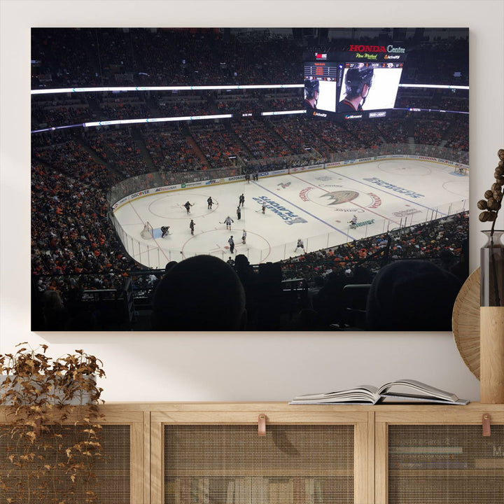 The Honda Center California Anaheim Ducks Hockey Stadium Wall Art Canvas Print is a triptych that captures a hockey game with crowded stands, making it a stunning piece of wall art with a gallery-quality finish.