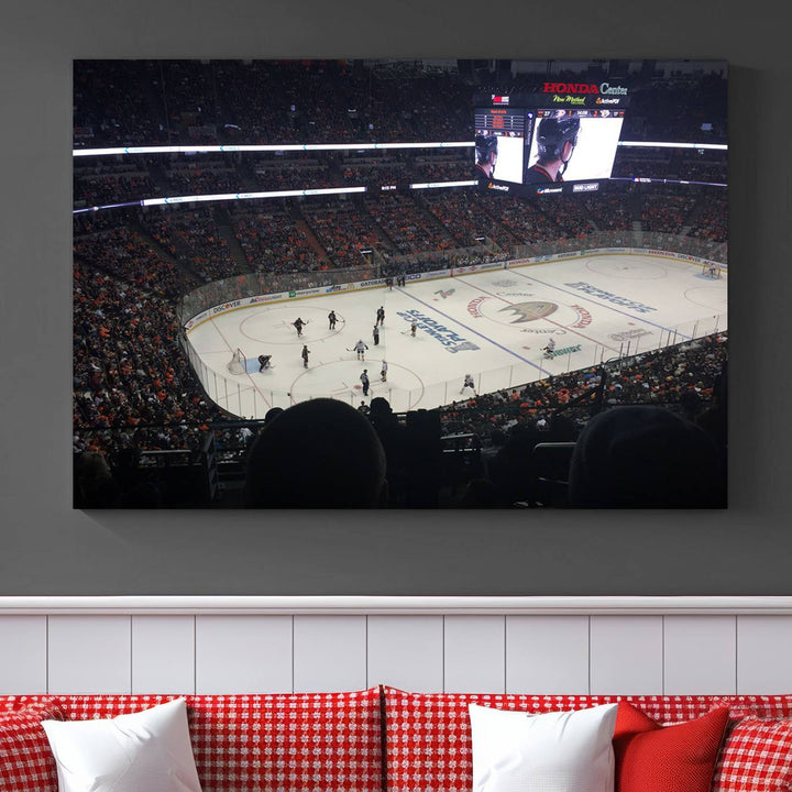 The Honda Center California Anaheim Ducks Hockey Stadium Wall Art Canvas Print is a triptych that captures a hockey game with crowded stands, making it a stunning piece of wall art with a gallery-quality finish.