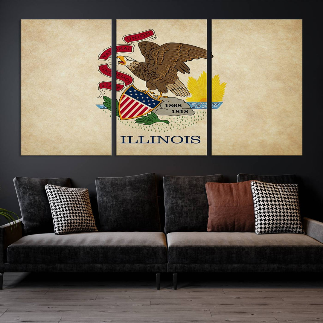 The Illinois State Flag Wall Art Canvas Print, crafted on museum-quality canvas with a UV-protective coating, is displayed prominently.