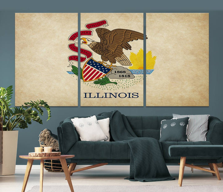 The Illinois State Flag Wall Art Canvas Print, crafted on museum-quality canvas with a UV-protective coating, is displayed prominently.