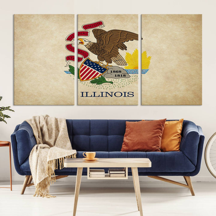 The Illinois State Flag Wall Art Canvas Print, crafted on museum-quality canvas with a UV-protective coating, is displayed prominently.