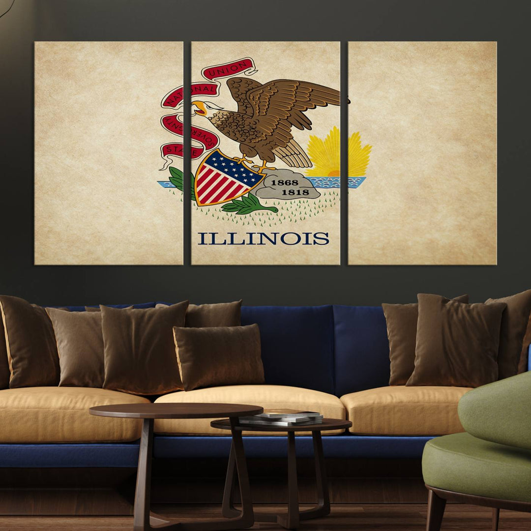 The Illinois State Flag Wall Art Canvas Print, crafted on museum-quality canvas with a UV-protective coating, is displayed prominently.