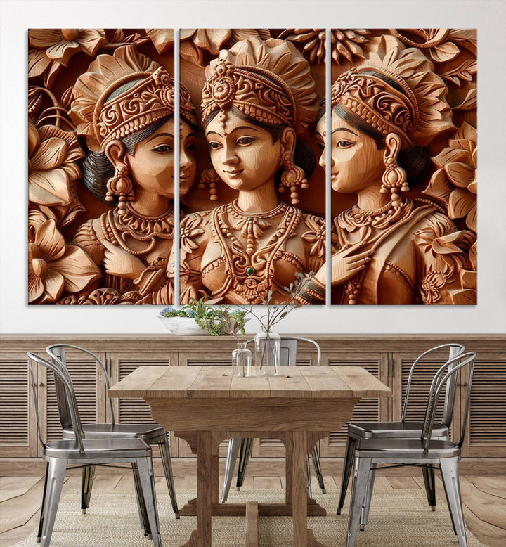 The Indian Woman Statue Wall Art Canvas Print, a three-panel wooden display showcasing intricate carved figures and utilizing lifetime inks for vibrant colors, was elegantly placed above the modern living room sofa.