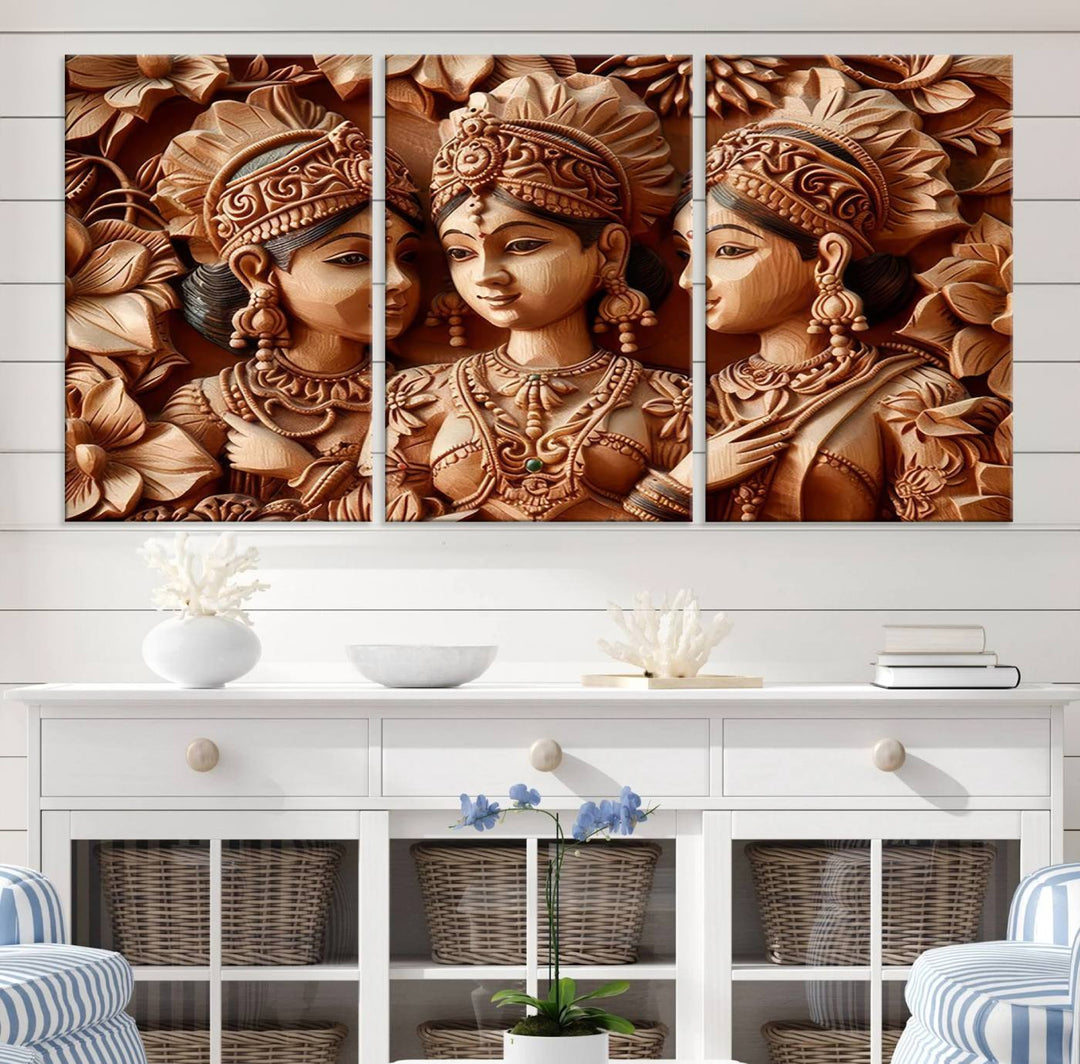 The Indian Woman Statue Wall Art Canvas Print, a three-panel wooden display showcasing intricate carved figures and utilizing lifetime inks for vibrant colors, was elegantly placed above the modern living room sofa.