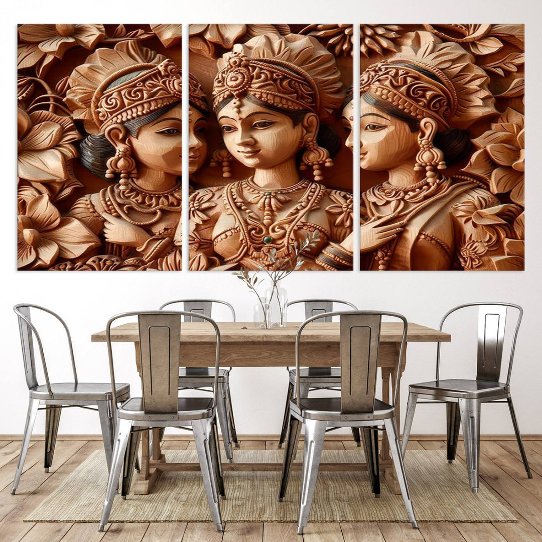 The Indian Woman Statue Wall Art Canvas Print, a three-panel wooden display showcasing intricate carved figures and utilizing lifetime inks for vibrant colors, was elegantly placed above the modern living room sofa.