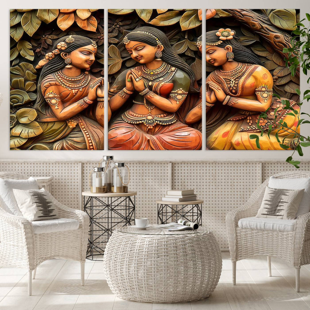 Hanging in the room are three museum-quality canvas prints titled "Indian Woman Statue Wall Art," each depicting women in traditional attire.