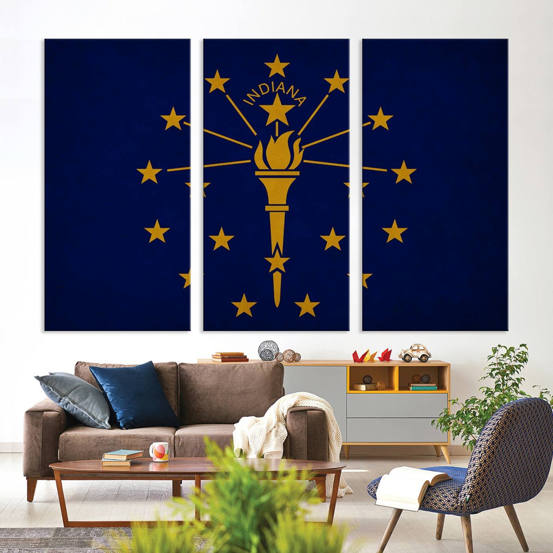 The Indiana States Flag Wall Art Canvas Print, featuring museum-quality canvas with a UV-protective coating, adorns the wall and brings an elegant and charming touch to your living space. Ready to hang, this piece becomes a standout feature in any room.