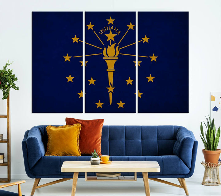 The Indiana States Flag Wall Art Canvas Print, featuring museum-quality canvas with a UV-protective coating, adorns the wall and brings an elegant and charming touch to your living space. Ready to hang, this piece becomes a standout feature in any room.