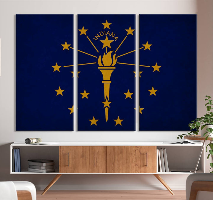 The Indiana States Flag Wall Art Canvas Print, featuring museum-quality canvas with a UV-protective coating, adorns the wall and brings an elegant and charming touch to your living space. Ready to hang, this piece becomes a standout feature in any room.