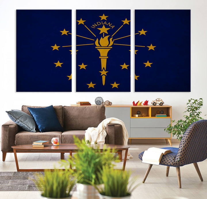 The Indiana States Flag Wall Art Canvas Print, featuring museum-quality canvas with a UV-protective coating, adorns the wall and brings an elegant and charming touch to your living space. Ready to hang, this piece becomes a standout feature in any room.