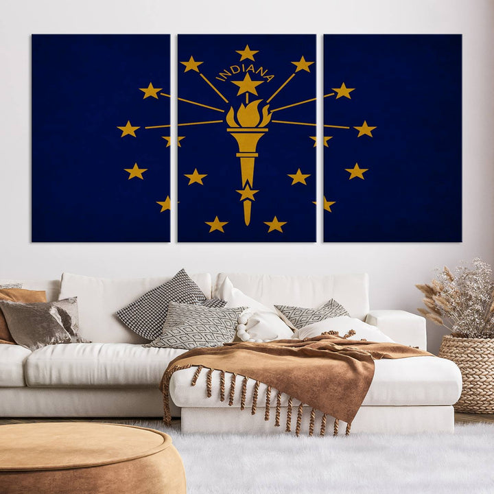 The Indiana States Flag Wall Art Canvas Print, featuring museum-quality canvas with a UV-protective coating, adorns the wall and brings an elegant and charming touch to your living space. Ready to hang, this piece becomes a standout feature in any room.