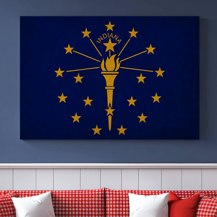 The Indiana States Flag Wall Art Canvas Print, featuring museum-quality canvas with a UV-protective coating, adorns the wall and brings an elegant and charming touch to your living space. Ready to hang, this piece becomes a standout feature in any room.