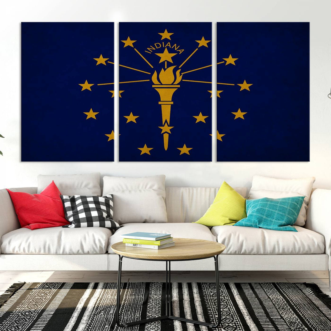 The Indiana States Flag Wall Art Canvas Print, featuring museum-quality canvas with a UV-protective coating, adorns the wall and brings an elegant and charming touch to your living space. Ready to hang, this piece becomes a standout feature in any room.