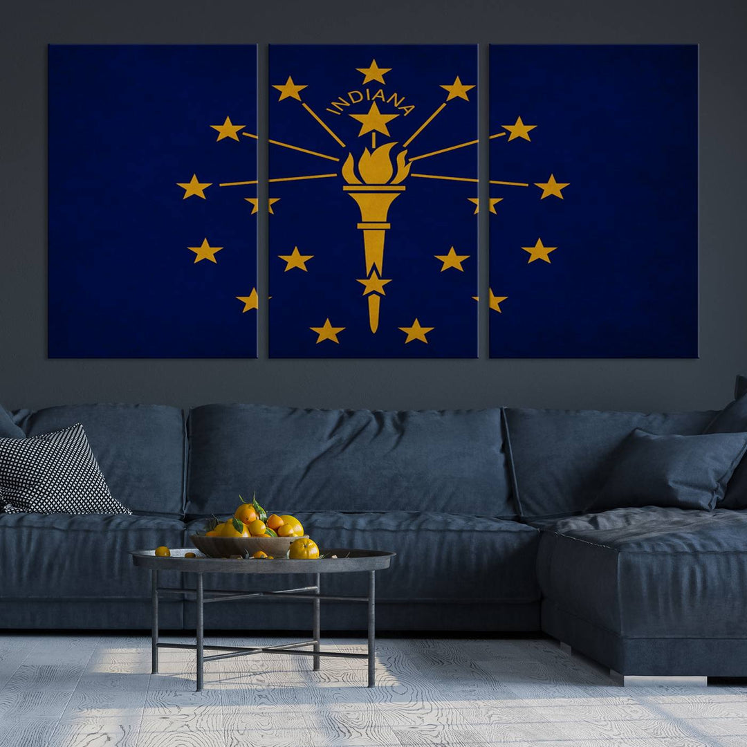 The Indiana States Flag Wall Art Canvas Print, featuring museum-quality canvas with a UV-protective coating, adorns the wall and brings an elegant and charming touch to your living space. Ready to hang, this piece becomes a standout feature in any room.