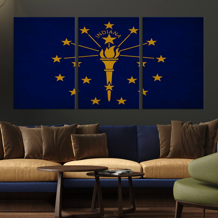 The Indiana States Flag Wall Art Canvas Print, featuring museum-quality canvas with a UV-protective coating, adorns the wall and brings an elegant and charming touch to your living space. Ready to hang, this piece becomes a standout feature in any room.