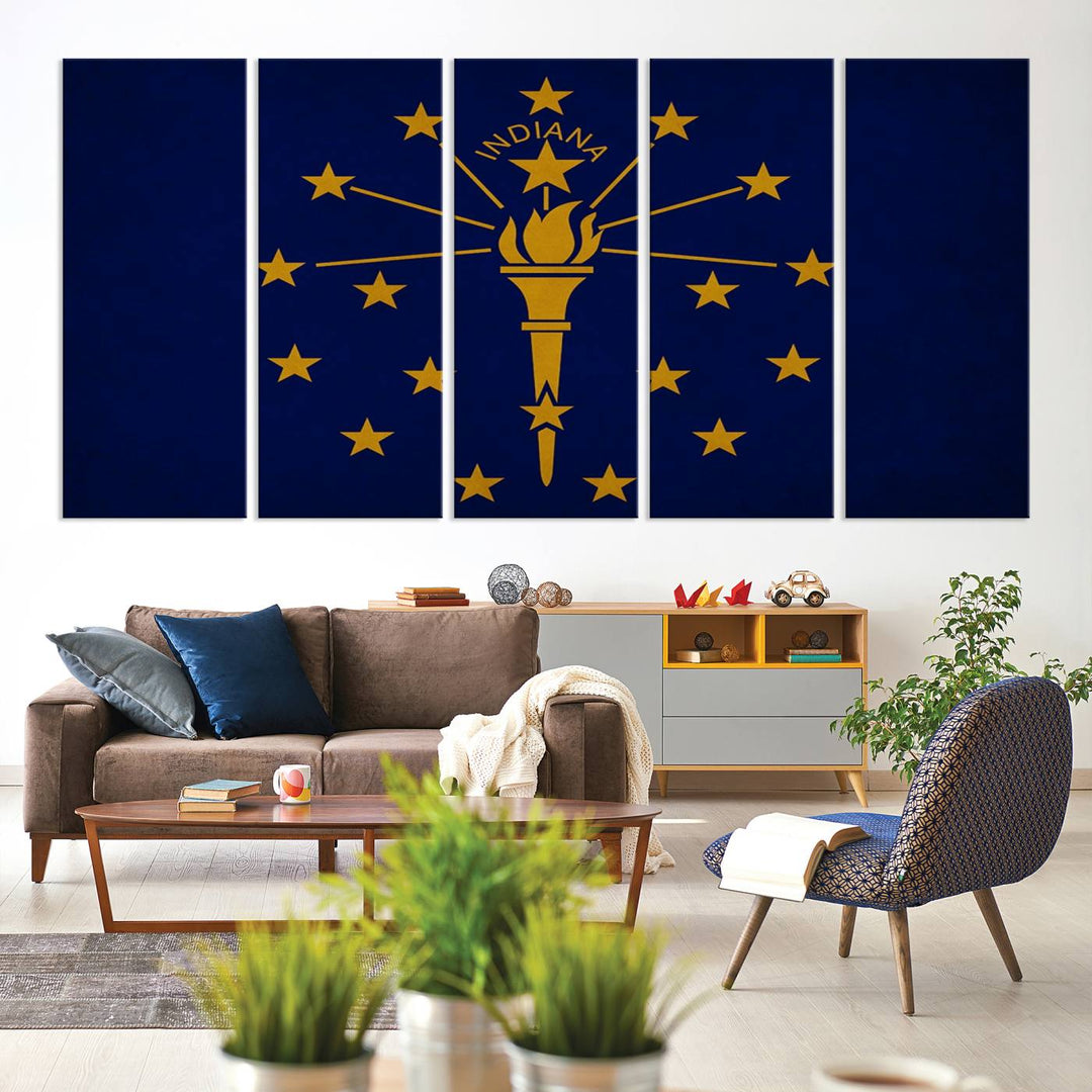 The Indiana States Flag Wall Art Canvas Print, featuring museum-quality canvas with a UV-protective coating, adorns the wall and brings an elegant and charming touch to your living space. Ready to hang, this piece becomes a standout feature in any room.