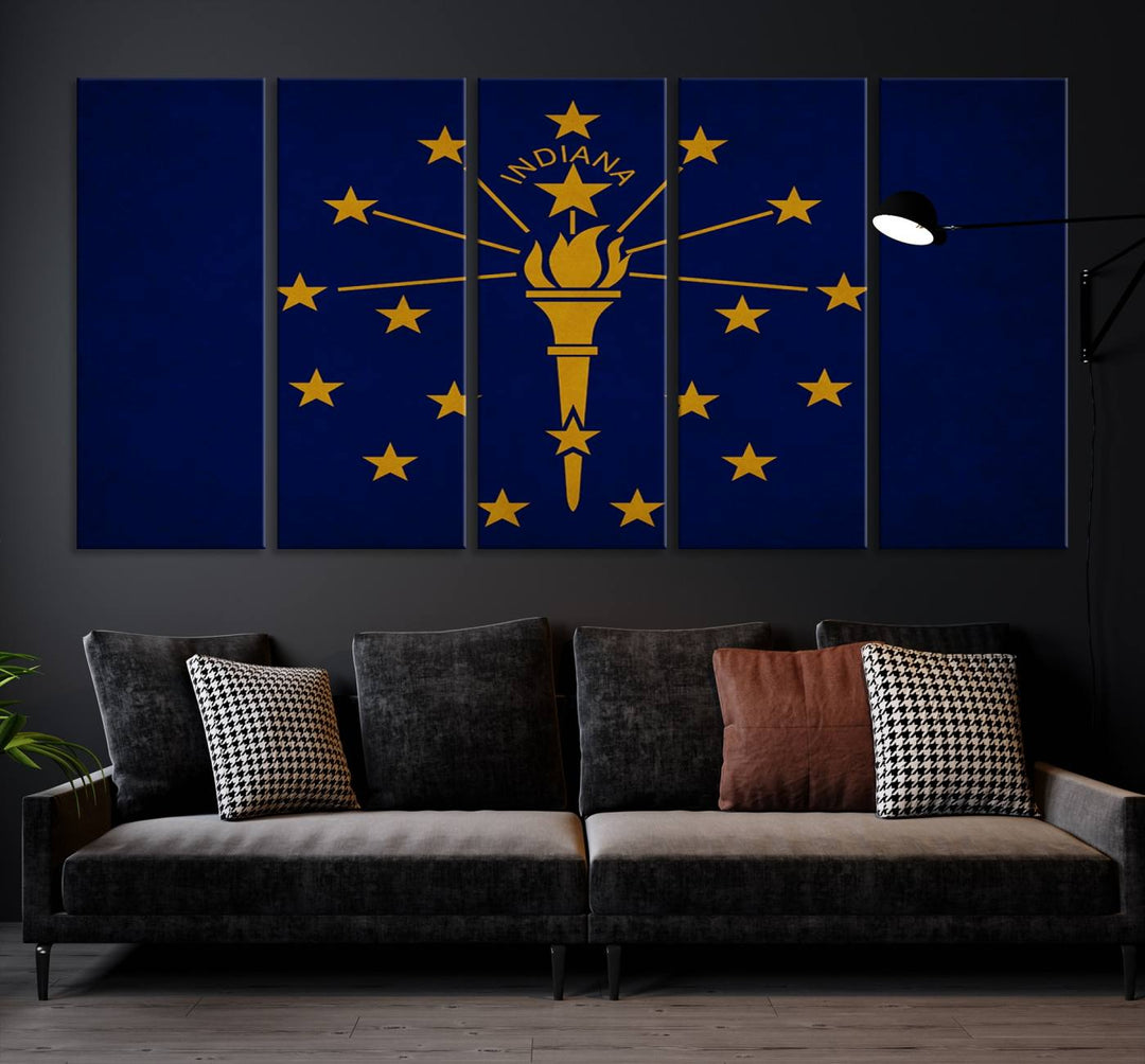 The Indiana States Flag Wall Art Canvas Print, featuring museum-quality canvas with a UV-protective coating, adorns the wall and brings an elegant and charming touch to your living space. Ready to hang, this piece becomes a standout feature in any room.