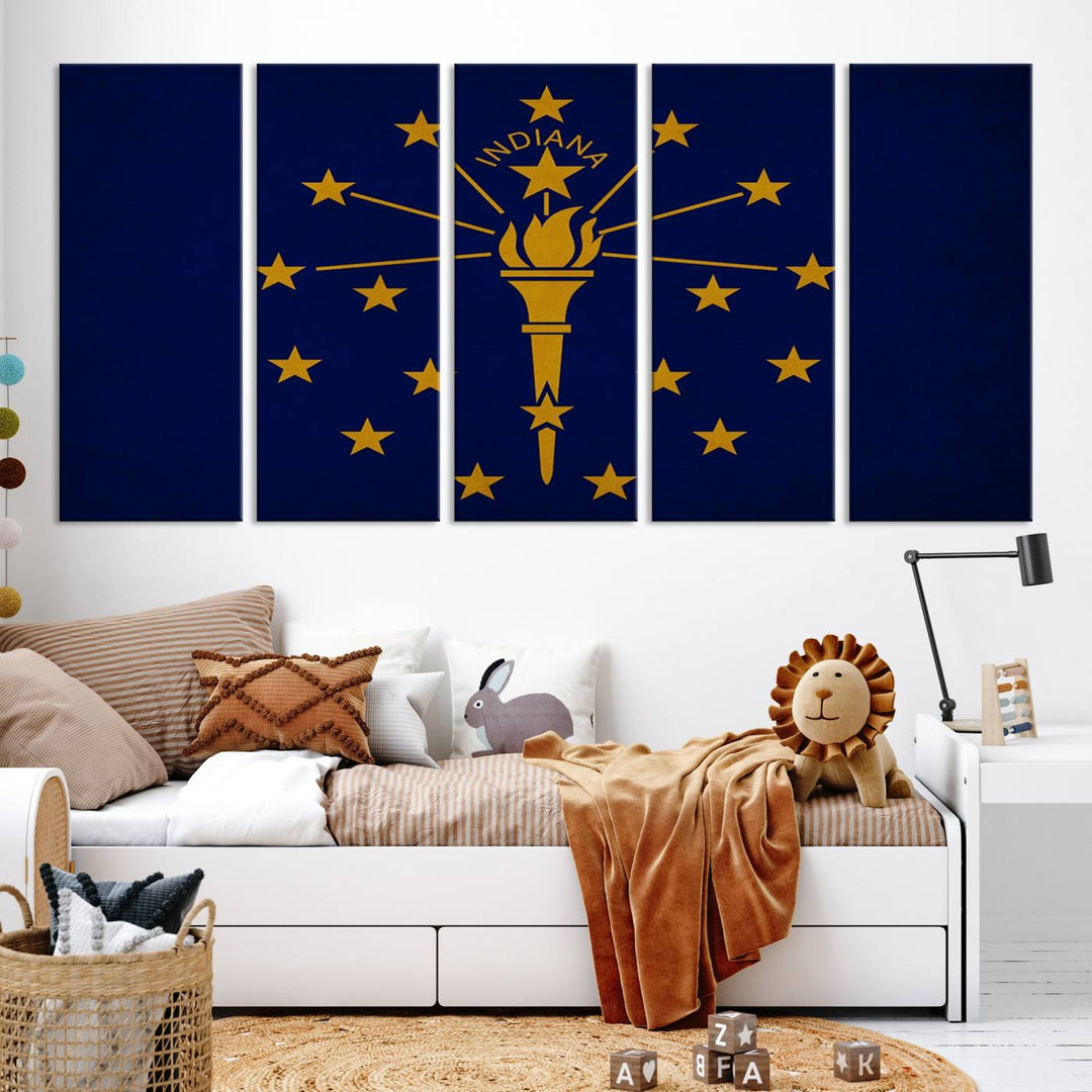 The Indiana States Flag Wall Art Canvas Print, featuring museum-quality canvas with a UV-protective coating, adorns the wall and brings an elegant and charming touch to your living space. Ready to hang, this piece becomes a standout feature in any room.