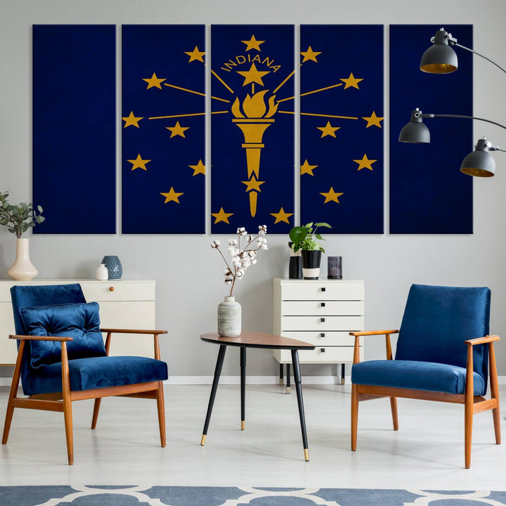 The Indiana States Flag Wall Art Canvas Print, featuring museum-quality canvas with a UV-protective coating, adorns the wall and brings an elegant and charming touch to your living space. Ready to hang, this piece becomes a standout feature in any room.