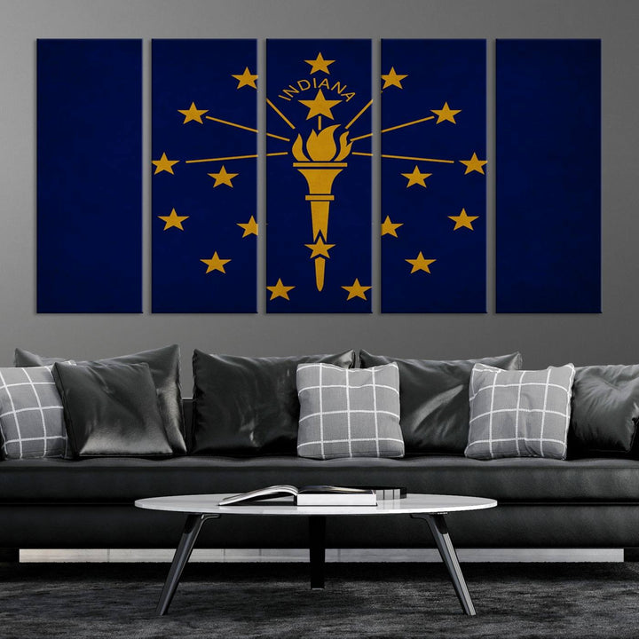 The Indiana States Flag Wall Art Canvas Print, featuring museum-quality canvas with a UV-protective coating, adorns the wall and brings an elegant and charming touch to your living space. Ready to hang, this piece becomes a standout feature in any room.