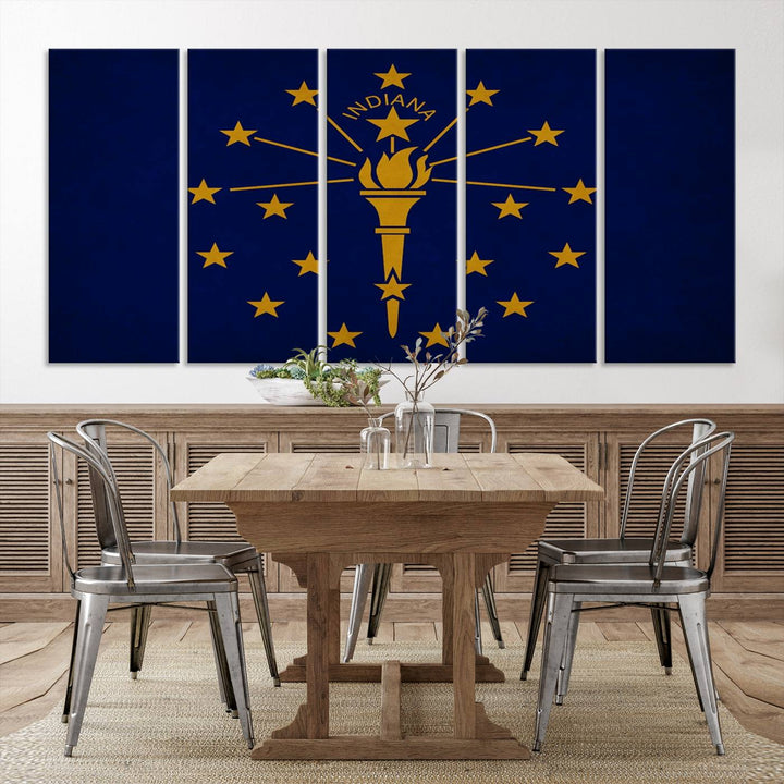 The Indiana States Flag Wall Art Canvas Print, featuring museum-quality canvas with a UV-protective coating, adorns the wall and brings an elegant and charming touch to your living space. Ready to hang, this piece becomes a standout feature in any room.