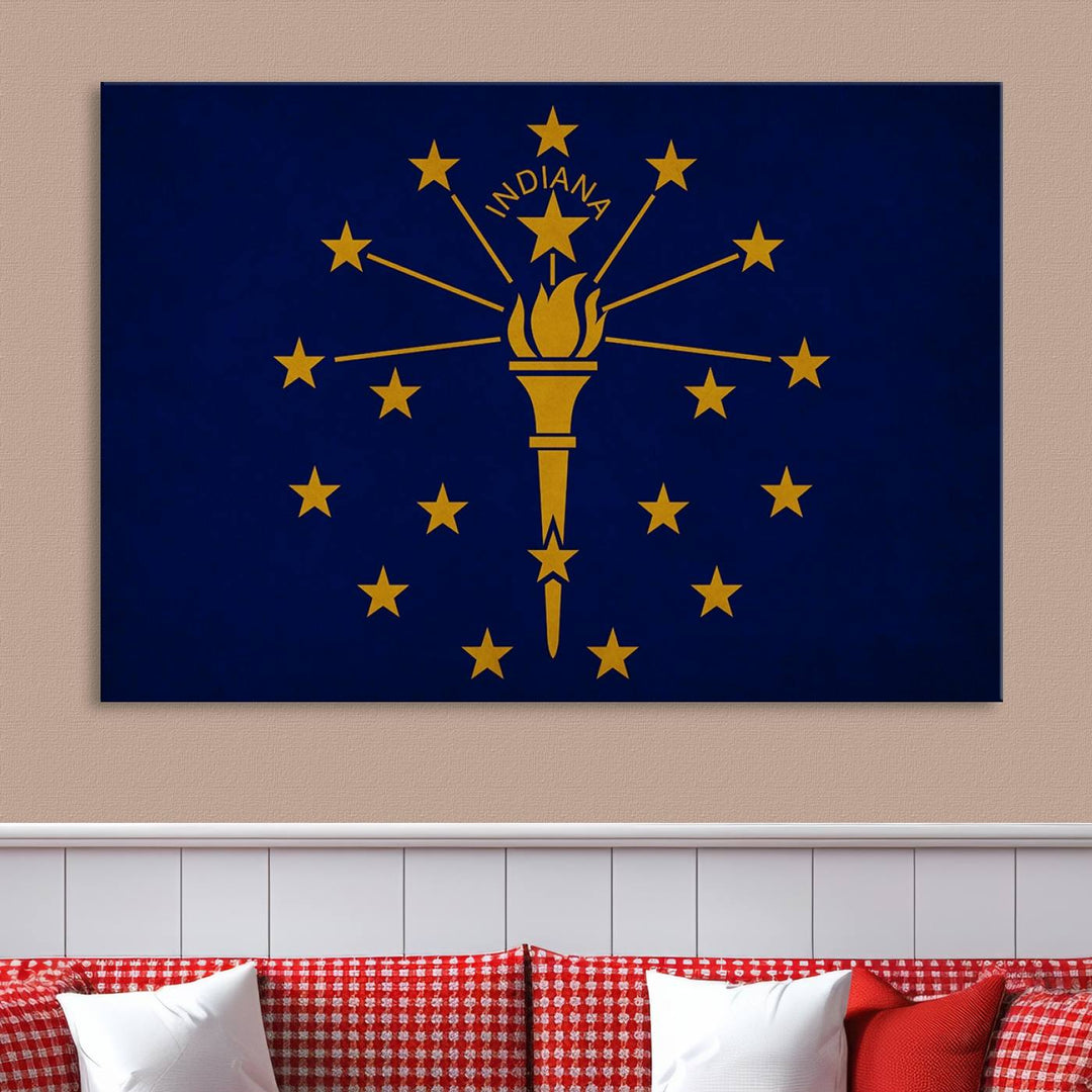 The Indiana States Flag Wall Art Canvas Print, featuring museum-quality canvas with a UV-protective coating, adorns the wall and brings an elegant and charming touch to your living space. Ready to hang, this piece becomes a standout feature in any room.