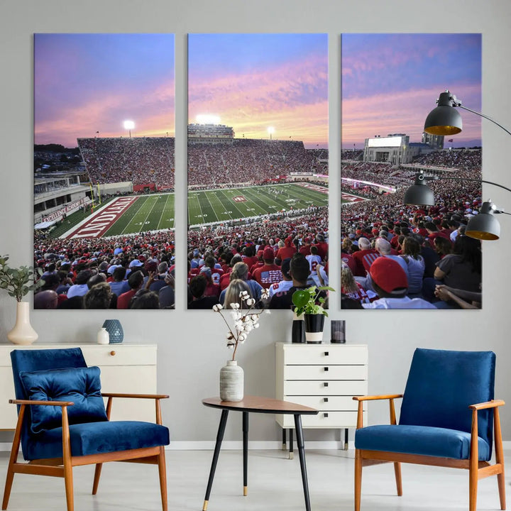 Living room featuring the Indiana University Hoosiers Football Team Print - Bloomington Memorial Stadium Wall Art Canvas Print, showcasing a packed football stadium at sunset for a gallery-quality finish.