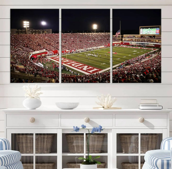 Bring the electrifying atmosphere of a packed football stadium into your home with the Indiana University Hoosiers Football Team Print. This gallery-quality canvas artwork features Bloomington Memorial Stadium at night, capturing the vibrant energy of the game.