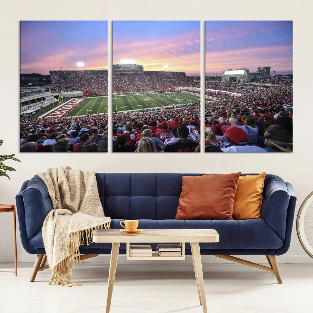 Living room featuring the Indiana University Hoosiers Football Team Print - Bloomington Memorial Stadium Wall Art Canvas Print, showcasing a packed football stadium at sunset for a gallery-quality finish.