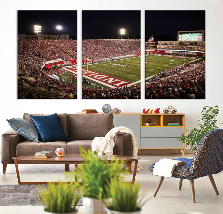 Bring the electrifying atmosphere of a packed football stadium into your home with the Indiana University Hoosiers Football Team Print. This gallery-quality canvas artwork features Bloomington Memorial Stadium at night, capturing the vibrant energy of the game.