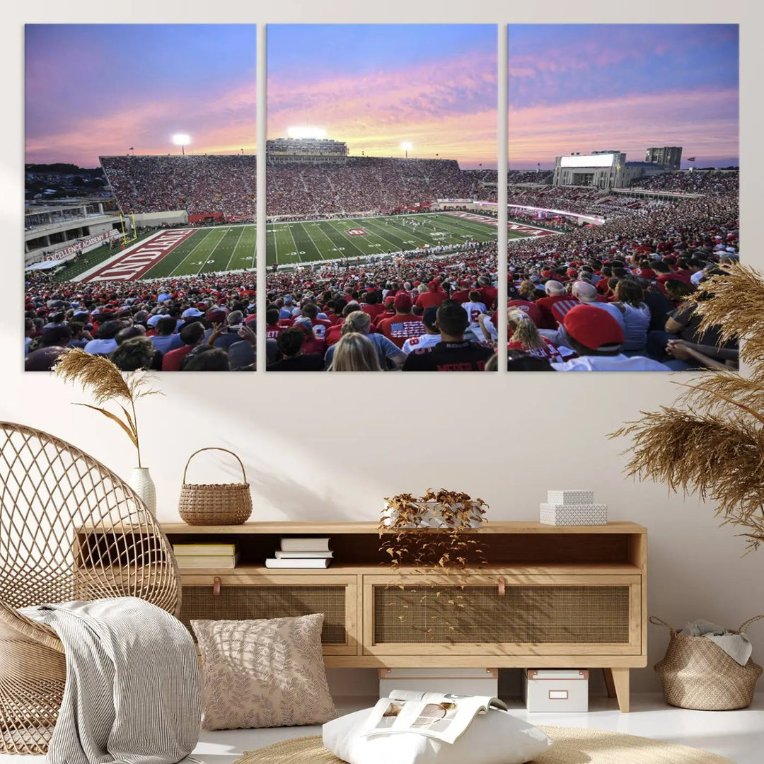 Living room featuring the Indiana University Hoosiers Football Team Print - Bloomington Memorial Stadium Wall Art Canvas Print, showcasing a packed football stadium at sunset for a gallery-quality finish.