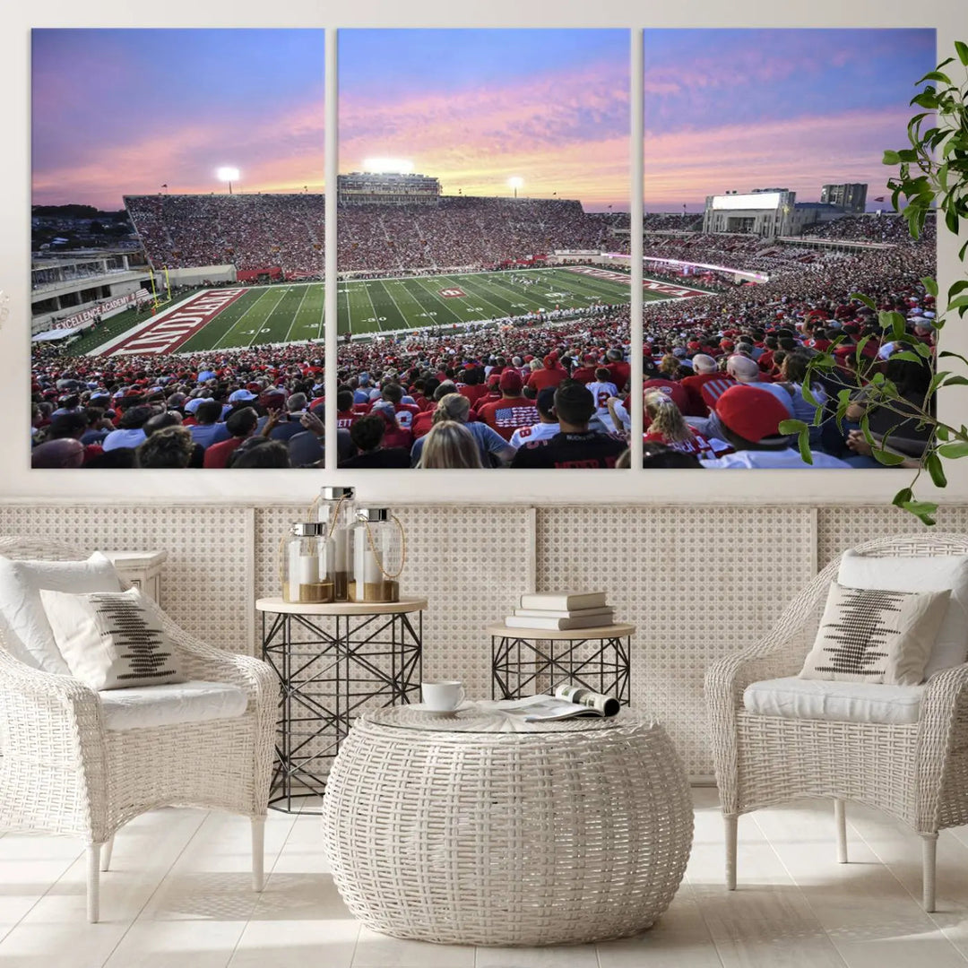 Living room featuring the Indiana University Hoosiers Football Team Print - Bloomington Memorial Stadium Wall Art Canvas Print, showcasing a packed football stadium at sunset for a gallery-quality finish.