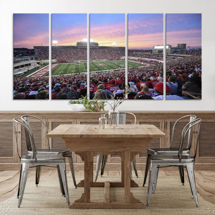 Living room featuring the Indiana University Hoosiers Football Team Print - Bloomington Memorial Stadium Wall Art Canvas Print, showcasing a packed football stadium at sunset for a gallery-quality finish.